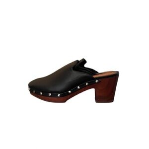 Black Leather Brown Wooden Clogs Heels